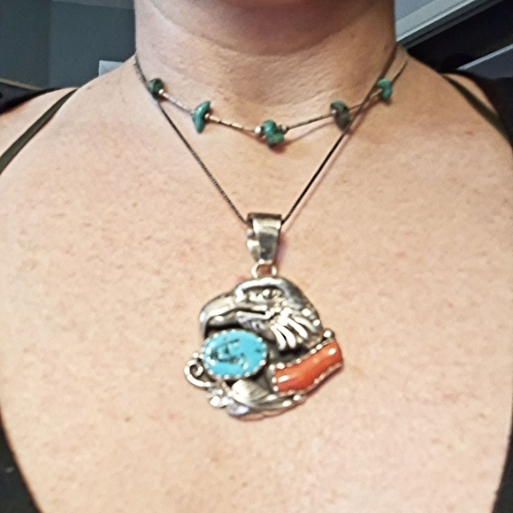 ✨OOAK! Roger Skeets Navajo Sterling Silver Turquoise and Red Coral EAGLE Pendant - Picture 15 of 17